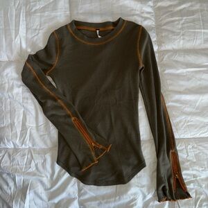 Free People Olive and Orange Long Sleeve Top